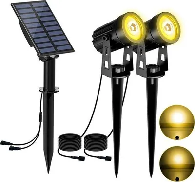 Obrázek produktu pro Zahradní solární svítidlo, 2 ks – vodotěsné LED solární svítidlo IP65 – 2 úrovně jasu – kabel 3 metry – teplá bílá 3000 K