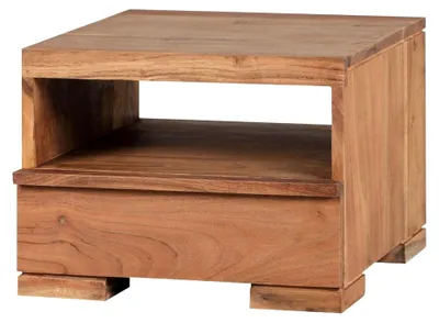 Produktbild von Nachttisch aus massivem Akazienholz mit Schublade und Ablagefach – Flache Landhaus Nachtkommode für das Schlafzimmer – 40x40x30 cm