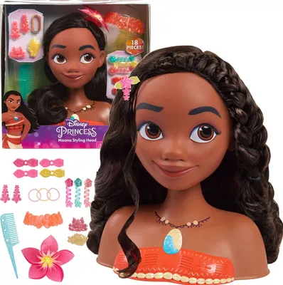 A Disney Princess Moana Styling Head toy with accessories, shown in its packaging and also displayed separately.