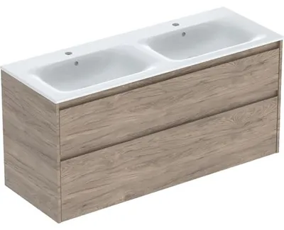 Produktbild von Geberit Renova Plan Set Doppelmöbelwaschtisch schmaler Rand, mit Unterschrank, zwei Schubladen: 130x62.1x48cm, Breite Waschtisch=130cm, Waschtisch: weiß / KeraTect, Korpus, Front: Nussbaum hickory / Melamin Holzstruktur