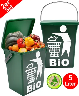Produktbild von 2er Set  Mülleimer 5L - Biomüll Behälter mit Deckel - Grün - Bioeimer klein für Küche - Abfalleimer Komposteimer Bioabfall