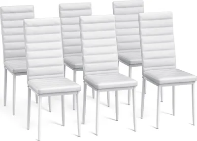 A set of six white dining chairs arranged in a studio setting against a white background.
