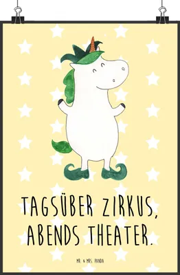 Produktbild von Mr. & Mrs. Panda Bild Einhorn Joker DIN A2 - Gelb Pastell - Geschenk, Unicorn, Hofnarr, Wandbild, Einhörner, drucke, Plakat, wanddeko, Mittelalter, kunstdruck poster