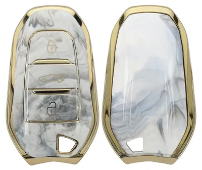 Produktbild von kwmobile Autoschlüssel Hülle kompatibel mit Peugeot Citroen 3-Tasten Smartkey Autoschlüssel (nur Keyless Go) - TPU Schlüsselhülle Cover Marmor Gold