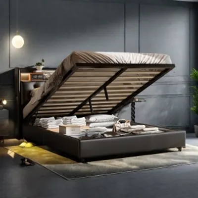 Produktbild von UnboxG Hydraulisches Boxspringbett 160x200cm, Polsterbett mit Stauraum und Led, USB & Typ-C, Doppelbett mit Lattenrost, Stauraumbett Jugendbett,PU, Schwarz