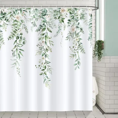 Produktbild von Duschvorhang mit Eukalyptusblättern, grünem Pflanzen- und Blumenmuster, 180 x 180 cm, schimmelresistent, wasserdicht, Polyestergewebe, waschbar, Badezimmervorhang mit 12 Haken
