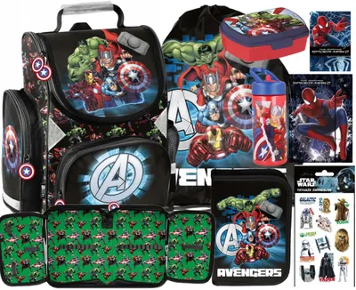 Produktbild von 8tlg AVENGERS Schulranzen set Ranzen Schulrucksack rucksack Federtasche Sportbeutel Trinkflasche Brotdose Notizbuch Einschlagmappe Tattoos MARVEL THOR