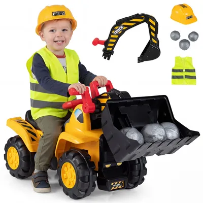 Immagine prodotto di COSTWAY, escavatore e livellatrice giocattolo 3 in 1 per bambini, auto a pedali, slittino con pala removibile, 3 elementi giocattolo, casco e gilet, per bambini dai 2 anni in su