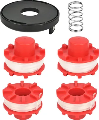 A set of replacement trimmer spools, a spool cap, and a spring for a string trimmer, laid out on a white background.