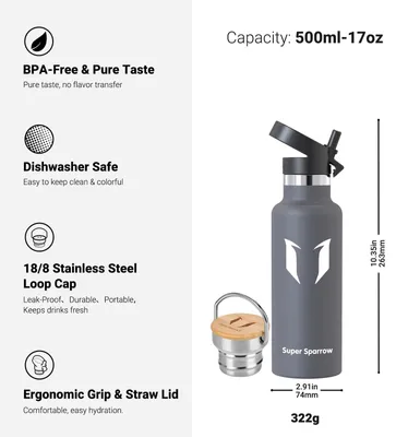 Produktbild von Trinkflasche Edelstahl 500ml Super Sparrow auslaufsicher BPA-frei Wasserflasche