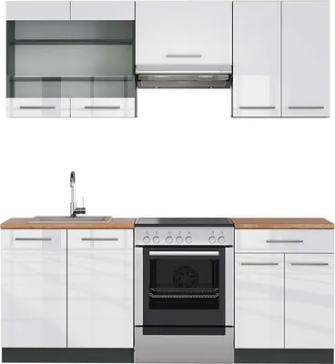 Image de Cuisine Vicco Fame-Line Blanc brillant/Anthracite 200cm , PT Chêne, Model 42620