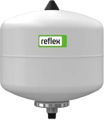 A white pressure expansion vessel with a green and white logo on a plain white background.
