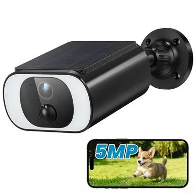 Image de Caméra de surveillance extérieure 5 MP à énergie solaire, détection de mouvement PIR, vision nocturne couleur, audio bidirectionnel, étanche, alarme intelligente