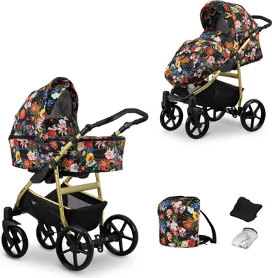 Produktbild von Kinderwagen MATA Sportwagen Babywagen Babyschale Komplettset Kinder Wagen Set 2 in 1 (blumen, Rahmenfarbe: Gold)