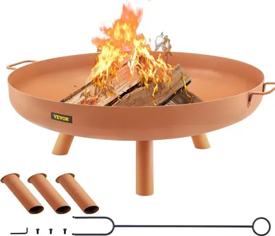 Produktbild von Feuerstelle, 30 Zoll tiefe runde Feuerstelle aus Kohlenstoffstahl, Holzfeuerung für Terrassen, Gärten und Camping, mit Abflussloch, tragbaren Griffen und einem Holzscheit, braun