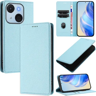 Produktbild von Litchi Leder Handyhülle für itel A50C Wallet Kartenfächer Standfunktion Hülle Hellblau