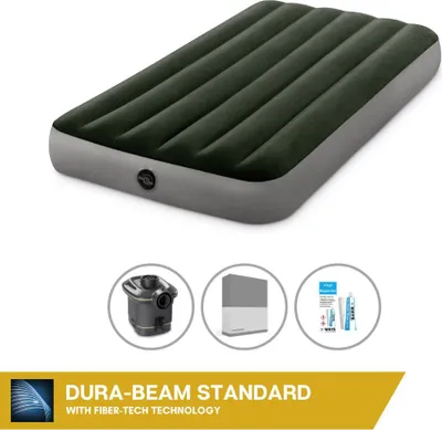 Produktbild von Intex Luftbett - 1 Person - 99 x 191 x 25 cm - Grün - Mit Pumpe + Spannbettlaken Anthrazit + Reperaturset