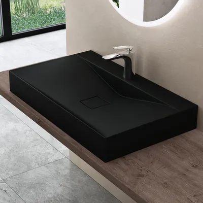 Immagine prodotto di doporro Lavabo da Appoggio o Sospeso Rettangolare 80 cm in Marmoresina Nero Opaco, Lavandino Bagno con Foro per Rubinetto Colossum810