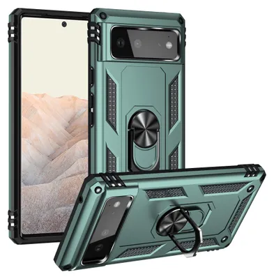 A Google Pixel 6 phone case with a ring holder is shown from two angles against a white background.