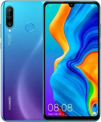A Huawei P30 Lite smartphone is shown from the front and back, displaying its screen and camera setup.