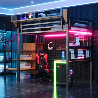 Image de Lit superposé Merax en métal, 90 × 200 cm, avec bureau et éclairage LED, lit d'enfant avec filet de rangement, échelle de sécurité et garde-corps, noir