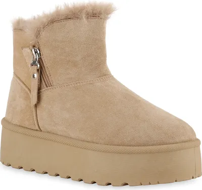 A single beige boot with a platform sole and fur trim is shown against a white background.