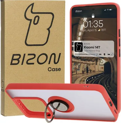 Produktbild von Bizon Case Hybrid Ring Fingerringhülle für Xiaomi 14T, Rauch mit rotem Rahmen