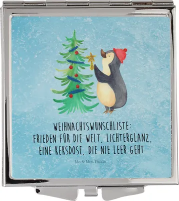 Produktbild von Mr. & Mrs. Panda Klappspiegel Pinguin Weihnachtsbaum - Eisblau - Geschenk, Weihnachten, Klappbarer Spiegel, Schminkspiegel, Frauen, klein, Winter, Taschenspiegel