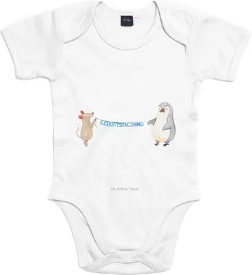 Produktbild von Mr. & Mrs. Panda Strampler Maus Pinguin Geburtstag 3. - 6. Monat - Heather Grey - Geschenk, Babybody, Baby, babykleidung body, Happy Birthday, overall, Geburtstage