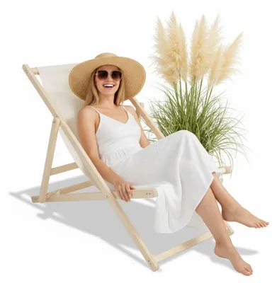 Produktbild von Mucola Strandstuhl klappbar Strandliege Holz Liegestuhl Gartenliege Sonnenliege Faltliege - Beige