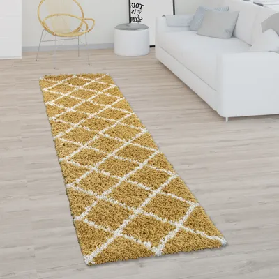 Produktbild von Teppich Wohnzimmer Hochflor Shaggy Skandi Design Mit Rauten Muster, Modern In Gelb Grösse 80x150 cm