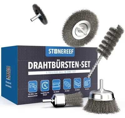 Produktbild von Drahtbürste Set 5-teilig 6mm Schaft für Bohrmaschine Akkuschrauber 5 Formen: Topfbürste, 2 Rundbürsten, Zylinderbürste und Endbürste – 6 mm Rundschaft