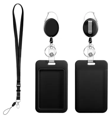 Productafbeelding van Kunststof identicarthouder met riem, zwarte kaarthouder, identicarthouder voor zorgpersoneel, stevige plastic kaarthouder voor identiteitskaart, dienstbadge, toegangskaart