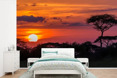 Produktbild von MuchoWow® Fototapete für Wohnzimmer oder Schlafzimmer Wandtapete Vinyl Motivtapete Blick auf den Sonnenuntergang im Serengeti-Nationalpark in Tansania - 390x260 cm - Papiertapete