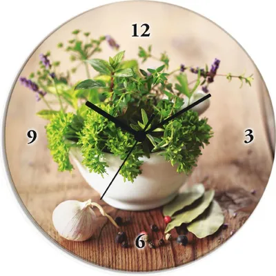 Produktbild von ARTland Glas Wanduhr Quarzuhr - schwarzer Zeiger Verschiedene Kräuter - Küche Größe: 30x30 cm