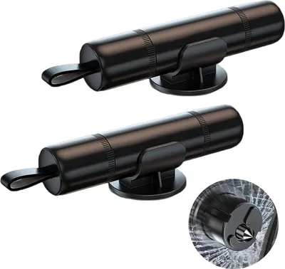 Produktbild von 2 Stück Notfall Nothammer Auto mit 2 Halterung - 2-in-1 Notfallhammer Auto mit Gurtschneider für Sicherheit, Auto Sicherheitshammer, Schwarz