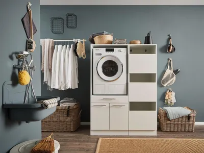 Zdjęcie produktu dla Szafka na pralkę do zabudowy >LAUNDREEZY< w kolorze białym - 117,5x162x67,5 (WxHxD)