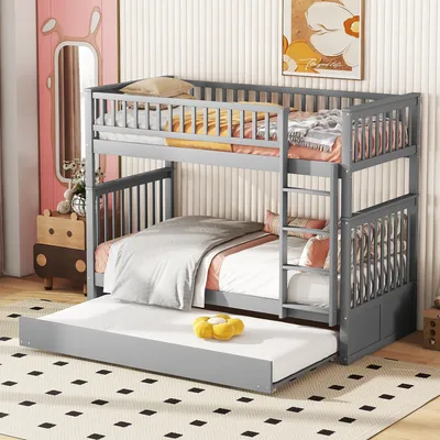 Produktbild von 90x200cm Etagenbett mit Ausziehbett – Robustes Kiefernholz, graues Design, hohe Geländer, stabile Treppe