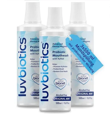Produktbild von Luvbiotics – Mundspülung ohne Alkohol mit Probiotika, Xylit & Fluorid 3x500ml Set – Mundwasser gegen Mundgeruch, Zahnfleischentzündungen & Aphten – Mo