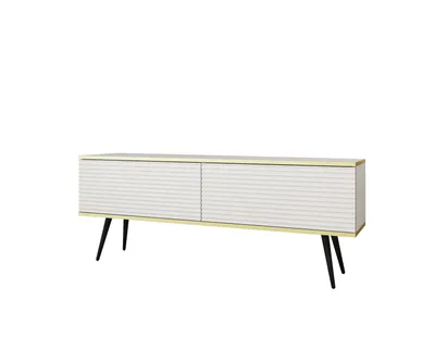 Zdjęcie produktu dla Mała Komoda RTV Glamour Nowoczesna Szafka RTV Biały Mat złote Nogi 135 cm ryflowane fronty