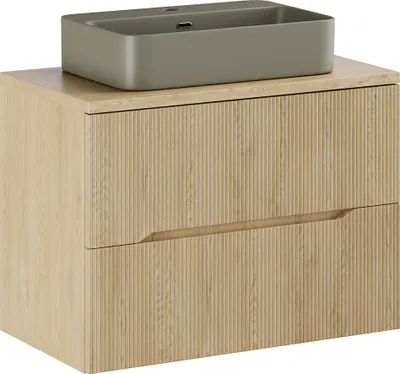 Produktbild von Waschtisch mit 80 cm Breite in Eiche, mit 2 Schubladen, Rillenoptik und Aufsatzwaschbecken - NARPIO-56