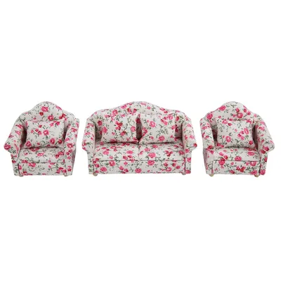 Image de Ensemble de canapés pour maison de poupées à l'échelle 1/12 avec coussins de dossier à motif floral - Mini-meubles (#2)