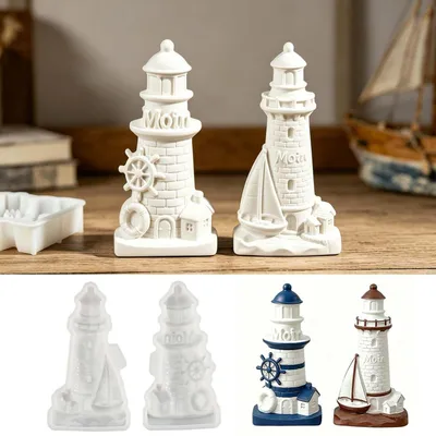 Image de Moules en silicone en forme de phare, lot de 2, pour la création d'objets décoratifs marins en plâtre ou autres matériaux