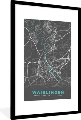 Produktbild von MuchoWow® Gerahmtes Poster Deutschland - Blau - Waiblingen - Stadtplan - Karte 60x90 cm - Poster mit Schwarzem Bilderrahmen Wandposter Rahmen Foto Bilder - Dekoration - Wandposter Wohnzimmer - Hochwertig