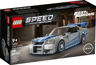 The image shows the packaging of a LEGO Speed Champions 2 Fast 2 Furious Nissan Skyline GT-R building toy set.