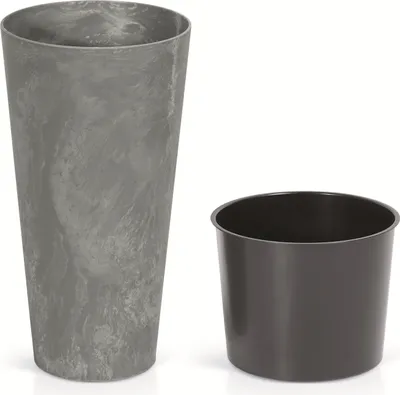 Two plant pots are shown against a white background. One is a tall, slim, gray pot with a marbled effect. The other is a shorter, dark gray pot.