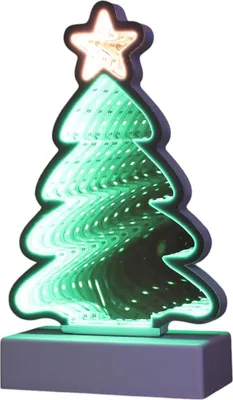 A decorative LED Christmas tree with an infinity mirror effect, standing on a rectangular base.