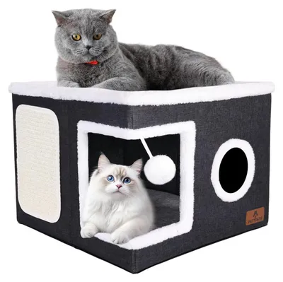Immagine prodotto di Cuccia pieghevole per gatti, a 2 piani, con tiragraffi e pallina giocattolo, colore grigio, dimensioni 41x41x32 cm