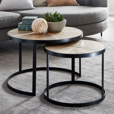 Produktbild von FineBuy Couchtisch 2er Set Mango Massivholz Satztisch Rund Wohnzimmertisch mit Metallbeine Braun Tischset 2-teilig Satztisch Holz / Metall Schwarz