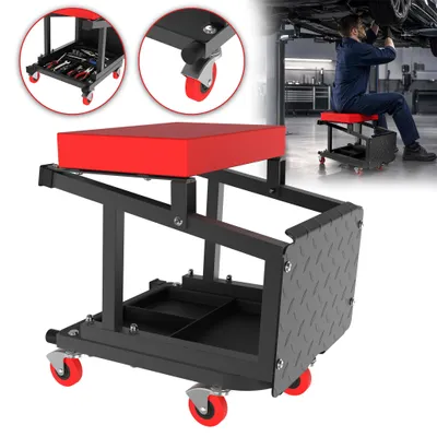 Produktbild von UISEBRT 2‑in‑1 Werkstatthocker, Rollsitz und Trittstufe, 150 kg Tragfähigkeit, integrierte Werkzeugablage, 4 Stück 360°‑Lenkrollen für Garage und Werkstatt